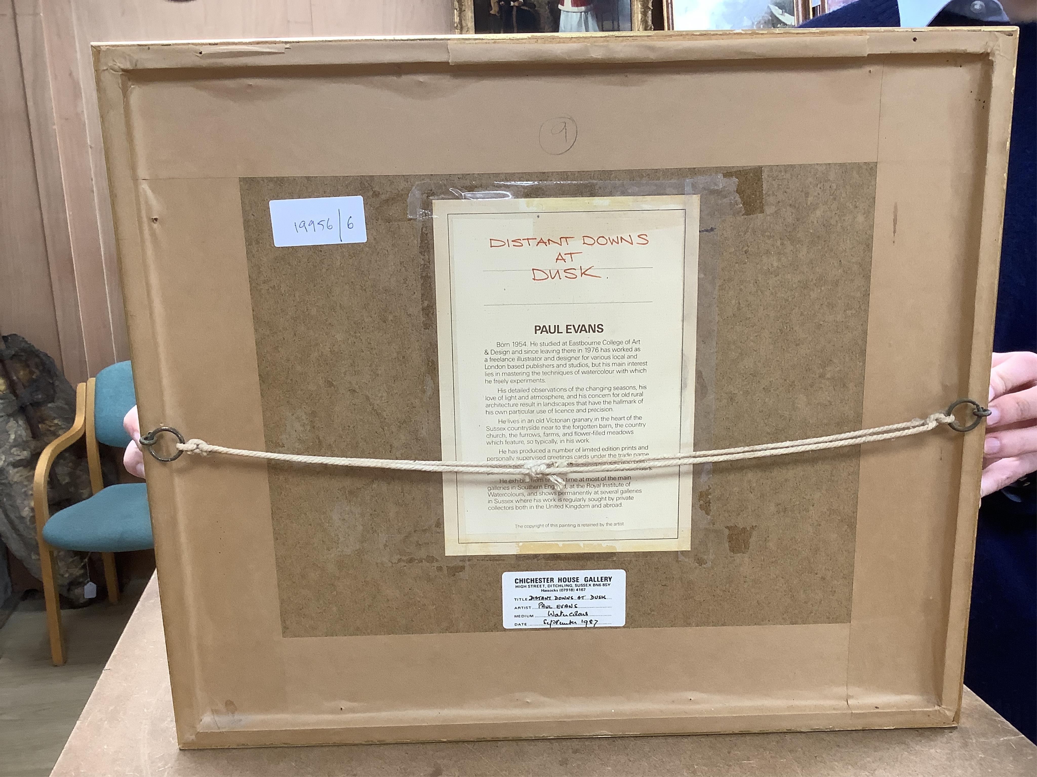 Paul Evans (b.1950), ‘Distant Downs at Dusk’, signed, Chichester House Gallery inscribed label verso, gouache, 20 x 27cm